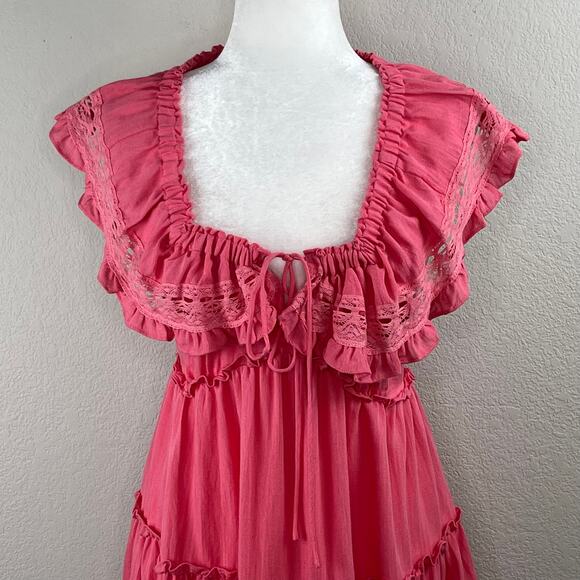 Lush Pink Blossom Lace Tie Back Square Neck Tiered Sleeveless Mini Dress SM NWT - Picture 4 of 12